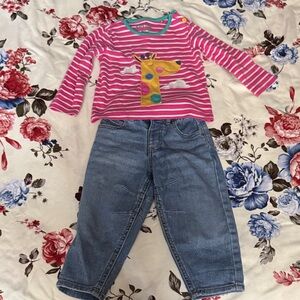 Pink Striped Giraffe Applique Top and Denim Pants Set